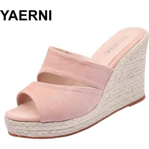 YAERNI 2021 Summer New Wedge Sandals For Womens With Suede Hemp Rope Weaving High Heels