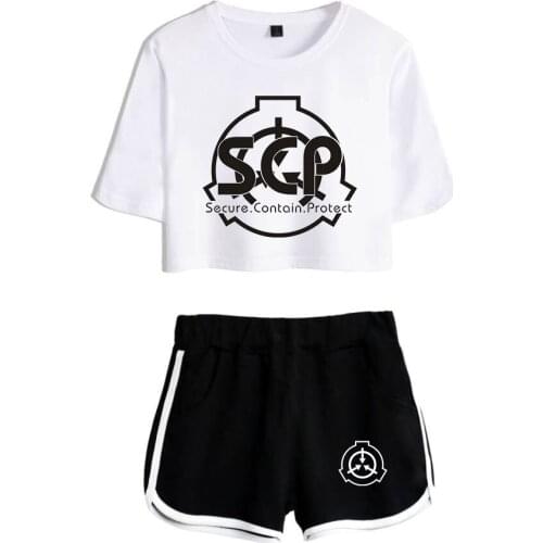 Print SCP Foundation Summer Womens/girls two-piece sets Hot SCP Foundation short Exposed Navel white T-shirt+black pants sets
