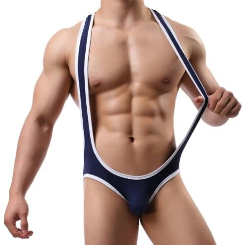 Mens Undershirts Ice Silk Bugle Pouch Bodysuits Leotard Sissy Underwear Jockstrap Wrestling Singlet Mankini Gay Jumpsuits 2XL