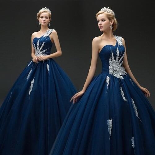 Charming Royal Blue One Shoulder Ball Gown Quinceanera Evening Tulle Dresses Long Formal Crystal Dress