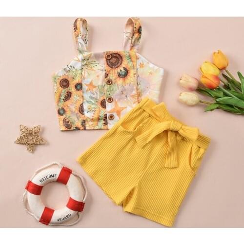 0-5Y Summer Kids Girls Clothes Sets Sunflowers Print Sleeveless Single Breasted Vest Shorts 2PCS