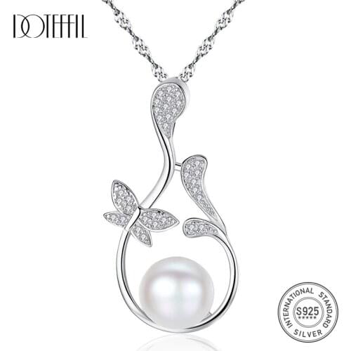 DOTEFFIL Hot Sale Real 925 Solid Silver Necklace Natural Freshwater Pearl Fine Chain Pendant Necklace Women Jewelry Gift Wedding