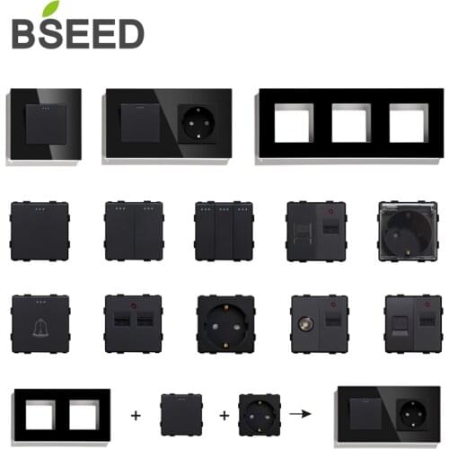 Bseed DIY Russia EU Standard Socket Button Switch USB TV Satellite With Crystal Glass Frame Panel Black Home Improvement