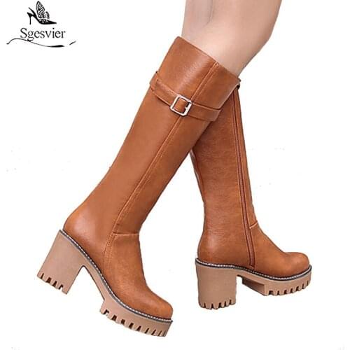 Sgesvier 2021 New Retro women boots lace up buckle lace up knee high boots round toe platform winter boots ladies shoes size 43