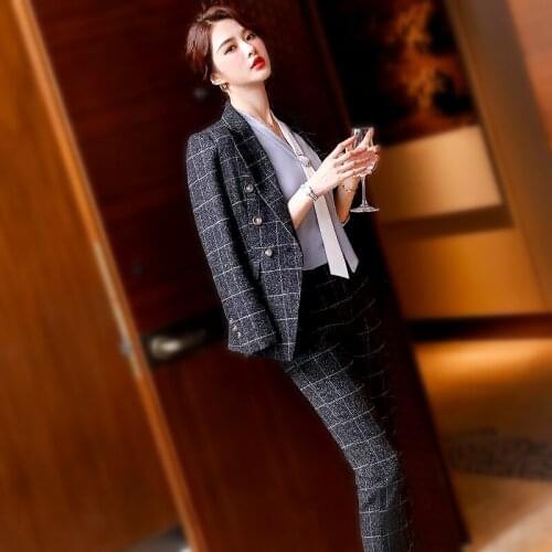 High Fashion Business Pant Suits Formal Double Breasted Jacket and Long Pant Black Blazer Set Women OL 2 Two Pieces Suits LS118