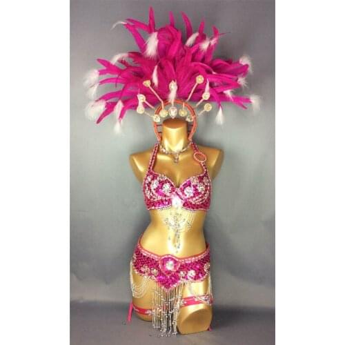 Free shipping hot selling Sexy Samba Rio Carnival Costume new belly dance costume with hot pink Feather Head piece