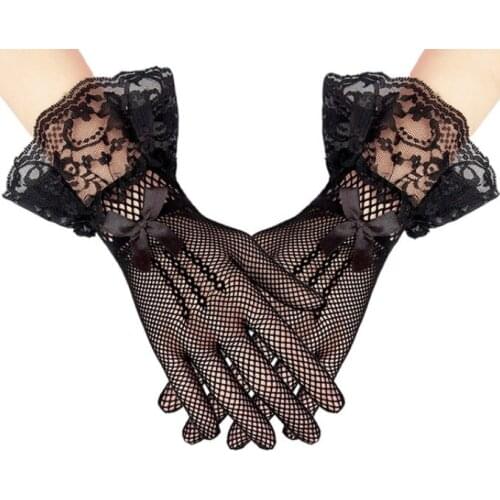 1 Pairs Women Gloves Lace Full Finger Gloves Short Tulle Gloves Etiquette Gloves Stretchy Lotus Leaf Sheers Party Solid Mittens