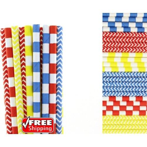 150pcs Mixed 6 Designs Red Blue and Yellow Themed Paper Straws-Sailor Striped,Zig Zag Chevron Train Superhero Birthday Party DIY