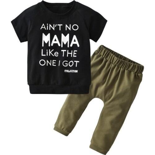 2Pcs Toddler Newborn Baby Kid Boys Girls Letter Mama Summer Short Sleeve Black Tops+Long Pants Cotton Infant Clothes Set