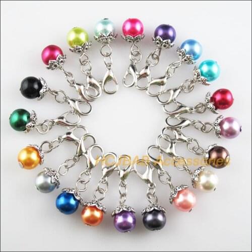 20 New Lotus Caps 8x15mm Charms Mixed Ball Glass Tibetan Silver Tone Retro With Lobster Claw Clasps