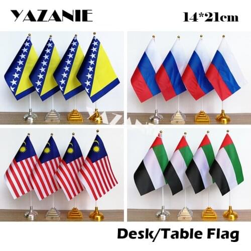 YAZANIE 14*21cm 4PCS Russia Malaysia Desk Flag with Plastic Base Bosnia and Herzegovina United Arab Emirates Small Table Flag