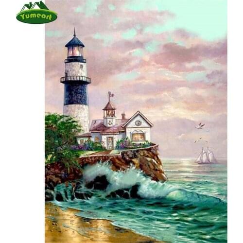 5D DIY Diamond Painting Lighthouse Landscape Full Kit Needlework Diamond Embroidery Mosaic Sea Castle Childrens Room Decoration