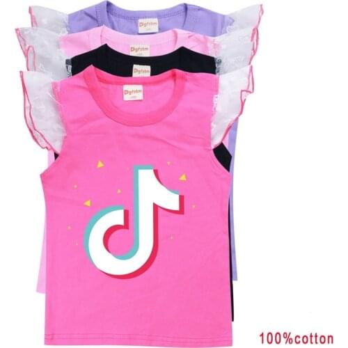 Tik Tok girls cotton short-sleeved T-shirt vest girls flying sleeves cotton top Childrens summer fashion Casual clothing