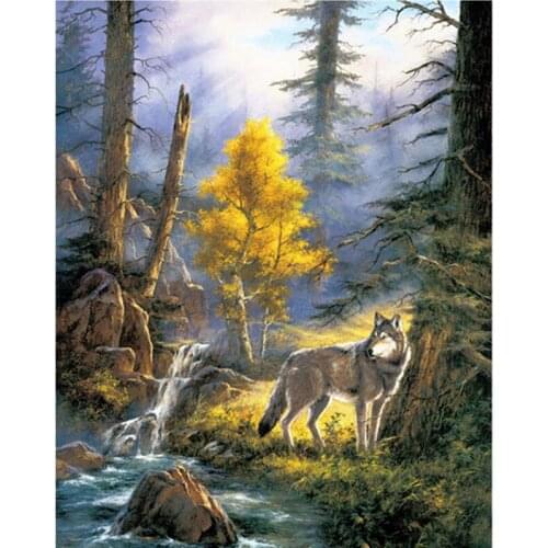 Diy embroidery with diamonds needlework diamond painting mosaic dmc paint animals wolf river cross-stitch decor handwork
