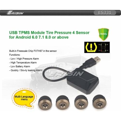 Erisin 433.92MHz TPMS Module Car Tire Pressure Monitor 4 Sensors Alarm Display USB for Android 5.1+ Stereos Chip FXTH87 ES331