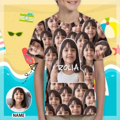Custom Face Photo&Name Kids All Over Print T-shirt Personalized Design Summer Casual Top Polyester Unique Gift For Children