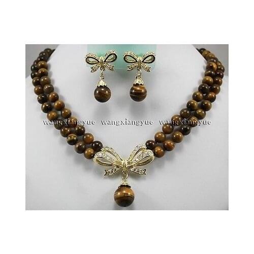 Hot selling> Tigers Eye Round Beads Pendant Necklace earrings set AAA Crystal Healing>>GP Plated gold Bridal wide watch -Br