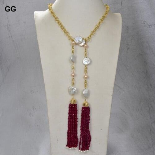 GuaiGuai Jewelry Freshwater White keshi Coin Pearl Gold Plated Chain Jade Tassel Long Necklace