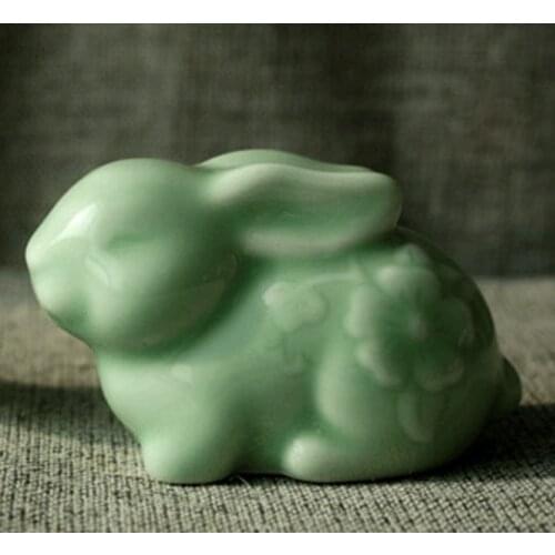 Exquisite Interesting Chinese Modern Green Glaze Porcelain Cute Rabbit of Twelve Chinese Zodiac Animals Decoration Statue