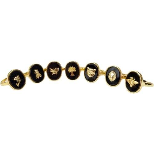 LUX Natural obsidian rings Gems stone gold color plated adjustable rings for women girls gift Mosaic metal animal insects rings