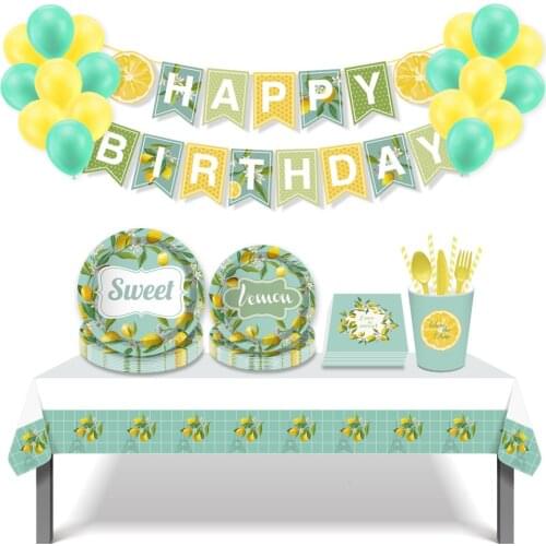 Summer Hawaii Fresh Green Lemon Fruit Decorations Disposable Tableware Sets Tablecloth Baby Shower Happy Birthday Party Favors
