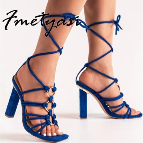 Chunky Heels Cross-tied Summer Women High Heels Strappy Street Pumps Fashion Narrow Band Metal Decoration Height Increasing