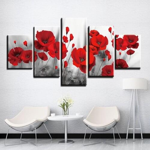 NoFrame Canvas Painting Modular 5Pieces Red Flower Picture Rose Posters Canvas Painting Modern Wall Art in Livingroom Home Decor