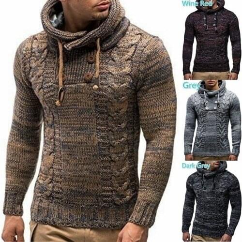 Men Clothing 2021 Fall/winter Mens Slim High Neck Hooded Pullover Plus Size Knitted Sweater Men