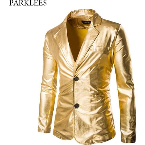 Mens Gold Notched Lapel Metallic Blazer Slim Fit Single Breasted Blazers and Suit Jackets Men Nightclub Prom Tin Man Costume 2XL