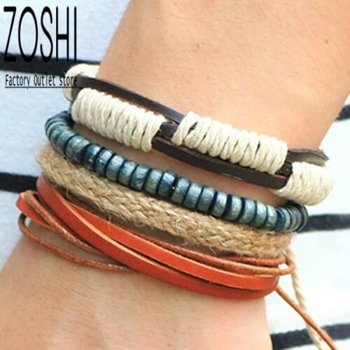 4pcs Beige Khaki Hemp Rope Weave Bracelet Set Men Mixed Brown Leather Wrap Bracelet Blue Wood Beads Bangles Multilayer Bracelet