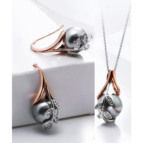 2021 New 2PCS Set Fashion Jewelry Necklace+Earrings Rose Gold plate Grey Pearl & Cubic Zircon Fashion Leaf Accessories