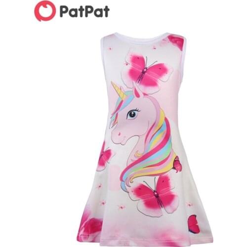 PatPat 2020 New Summer Beautiful Unicorn and Butterfly Pattern Sleeveless Dress for Girls Allover