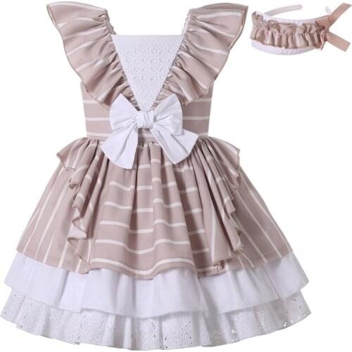 Pettigirl Khaki Striped Dress for Girls Cute Dresses for Girls Little Girl Dresses Boutique with Headwear