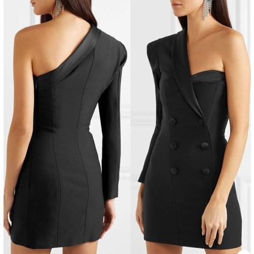 Sexy Black Prom Blazer Dresses One Shoulder Long Sleeve Evening Dress Mini Mermaid Formal Party Gowns