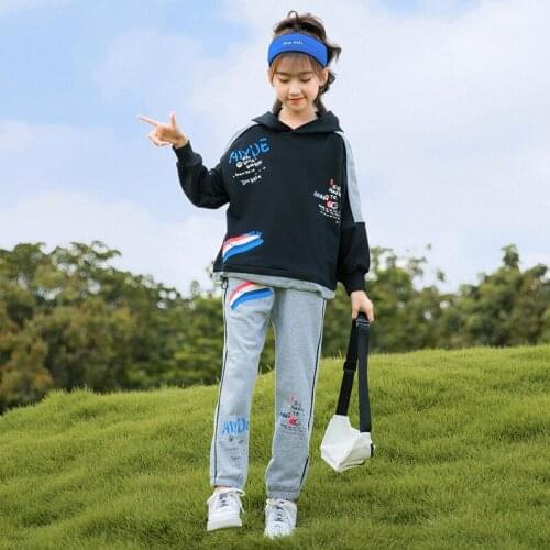 Teenage Fashion Suit New Sports Cartoon Letter Printed Hooded Top And Loose Trousers 2 Girls White And Black Casual Sports Suit