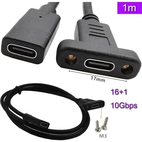 USB C Type-C emaleTo Female Extension Data Cable with Panel Mount Screw Hole 10Gbps 1m