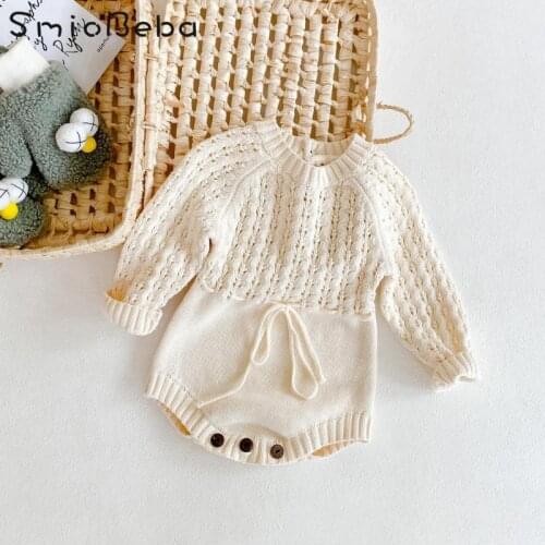 Ins Spring Korean Newborn Jumpsuits Girls Knitted Hollow Waist Romper Long Sleeve Hatsuit Triangle Chinese New Year Baby Clothes