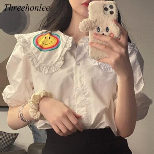 Japanese Sweet Pink Womens Blouse Shirt Summer Soft Girly Peter Pan Collar Ruffles Cartoon Printed Female Cute Shirts Top