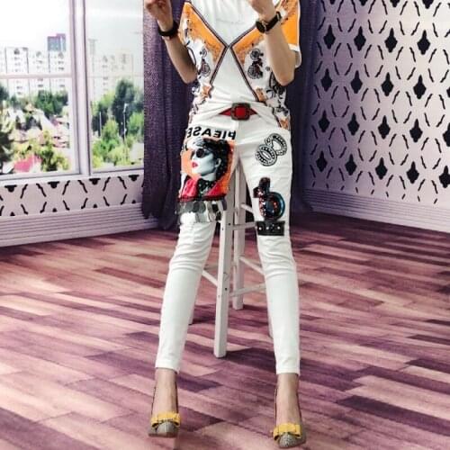 Plus Size 2021 Vintage Y2K Sequins Beading Women Hole Ripped White Jeans Boyfriend Pants Womens Stretch Denim Harem pants Femme