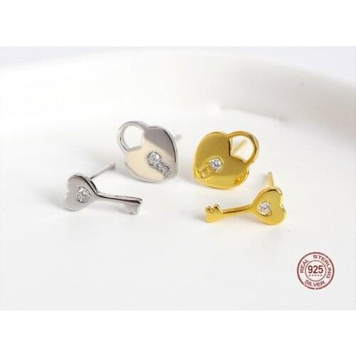LKO 925 Sterling Silver Key And Lock Stud Earrings Fashion Simplicity Mini Exquisite Zircon Ear Jewelry For Women Ornaments