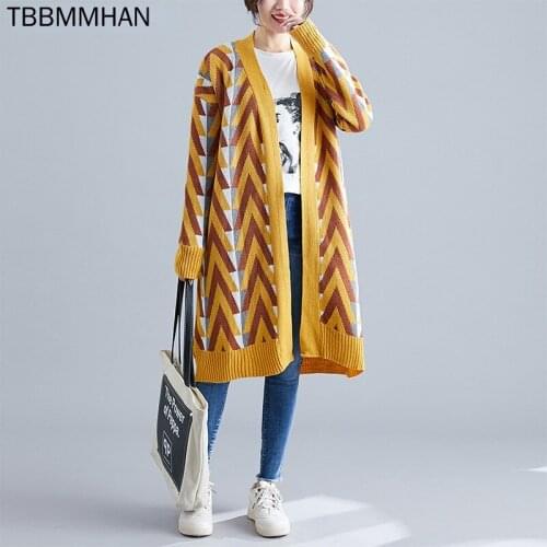 Autumn Cardigan Sweater Coat Women Loose Large Size Striped Print 2021 Fashion All Match Knitted Sweater Clothing Tops V-Neck