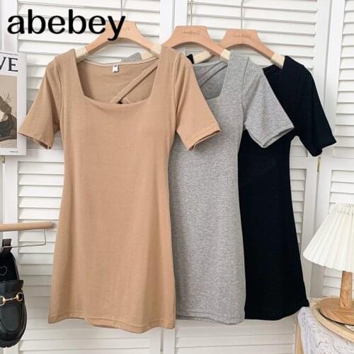 2021 New Summer Fashion versatile square collar short sleeve Dress hollow out off back solid short wrap Dress