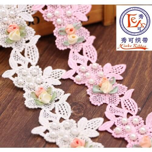 15Yards Pink Soluble Rose Flowers Pearl Embroidered Lace Trim Ribbon Fabric Sewing Craft For Costume Wedding Dress Decoration