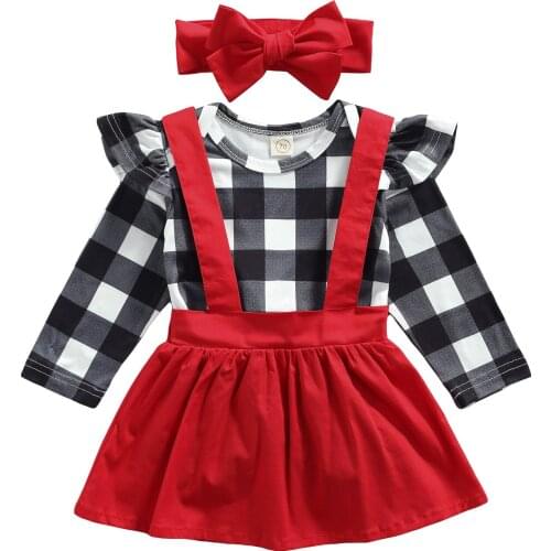 2021 0-24M Cute Newborn Girl Clothing Autumn Plaid Print Ruffle Long Sleeve Romper+Suspender Skirt+Bow Headband Spring 3pcs Set