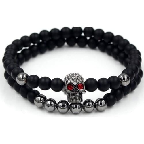 6mm 2PCS/Lot yh2 gold silver Copper cz zircon cubic zirconia elastic adjusted Charm nature stone skull agate Onyx Bracelet
