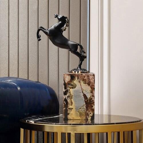Black Running Horse Statue Black Metal Art Craft Marble Base Postmodern Wine Cabinet Ornaments Decoration Sculpture Home Gift
