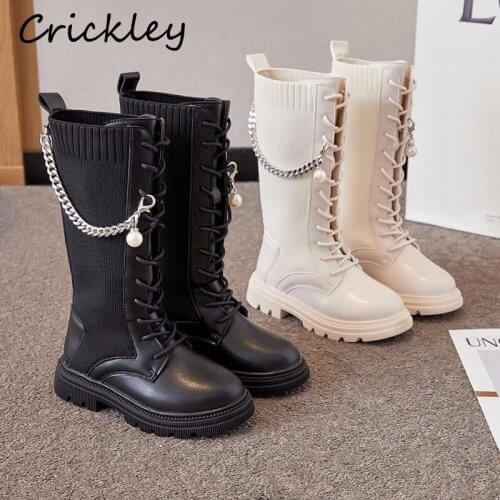 Spring Autumn Chain Pearl Childrens Fashion Boots Knitting Slip On Knee High Shoes For Girls Breathable Non Slip Kids Boots
