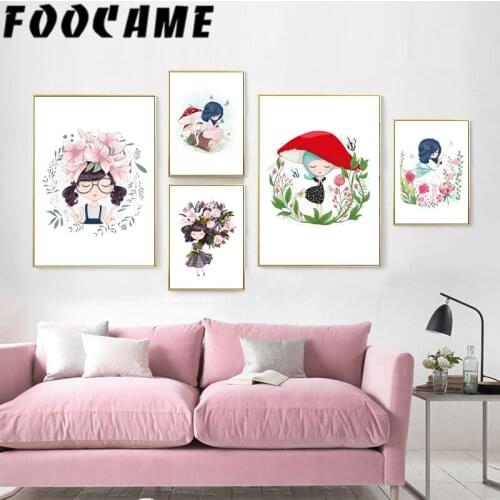 FOOCAME Cartoon Girl Flower Sweet Home Decor Poster Nursery Wall Art Canvas Painting Nordic Style Kids Decoration Print Pictures