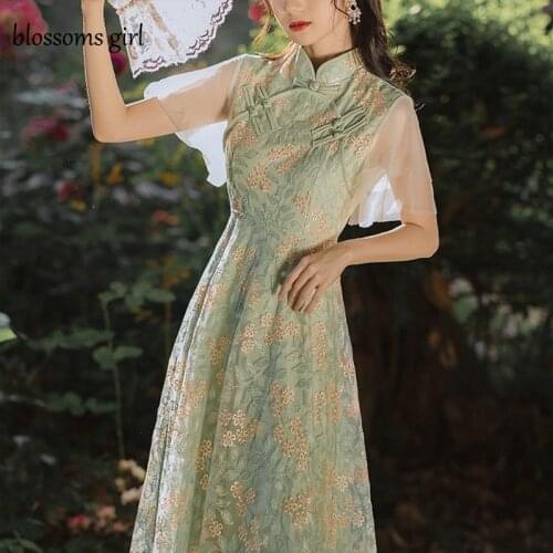 French Retro Embroidery Net Yarn Fairy Dress Summer Temperament Goddess Fan Sen Improved Cheongsam Young Girl