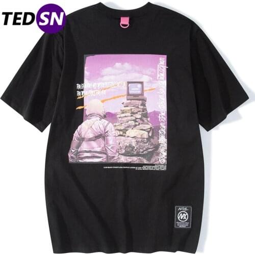 2021 Summer Oversized Tee Shirts Fashion Casual Astronaut TV Print Short Sleeve Cotton T-Shirts Streetwear Hip Hop Harajuku Tops